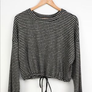 Lulu’s Simply Grey Striped Drawstring Hem Long Sleeve Top - size s